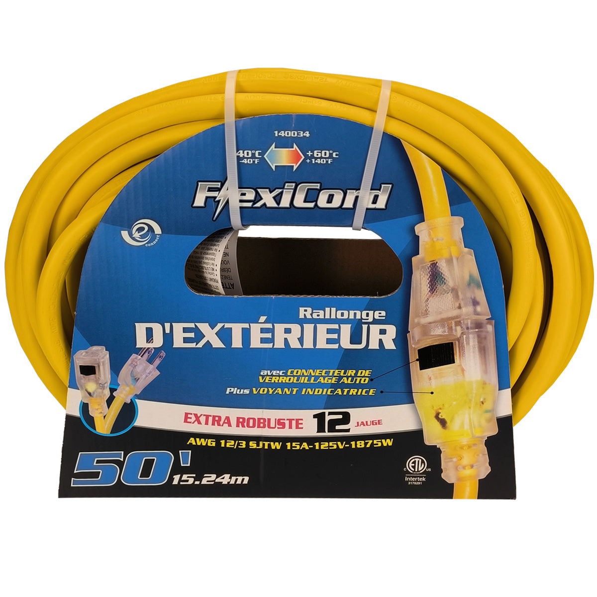 TOOLWAY 140034 Extension Cord 12/3 SJTW 50 ft. Yellow Single Tap w/Lock