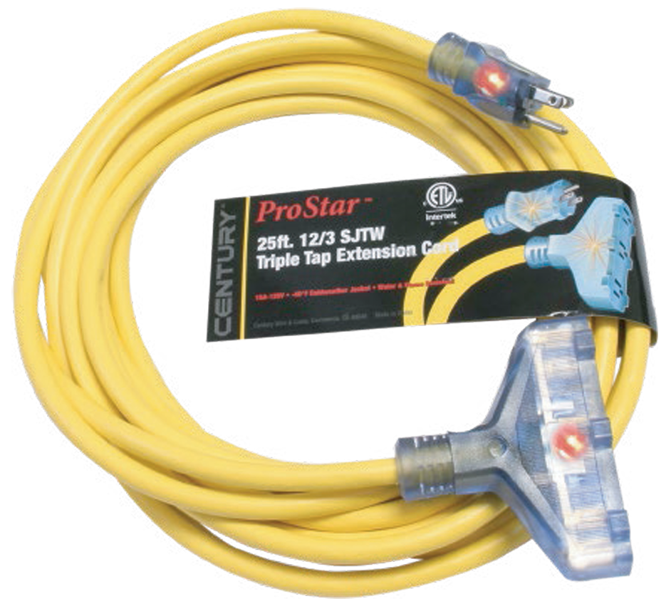 Century D13212025YL Extention Cord 12/3 SJTW Triple Tap Yellow