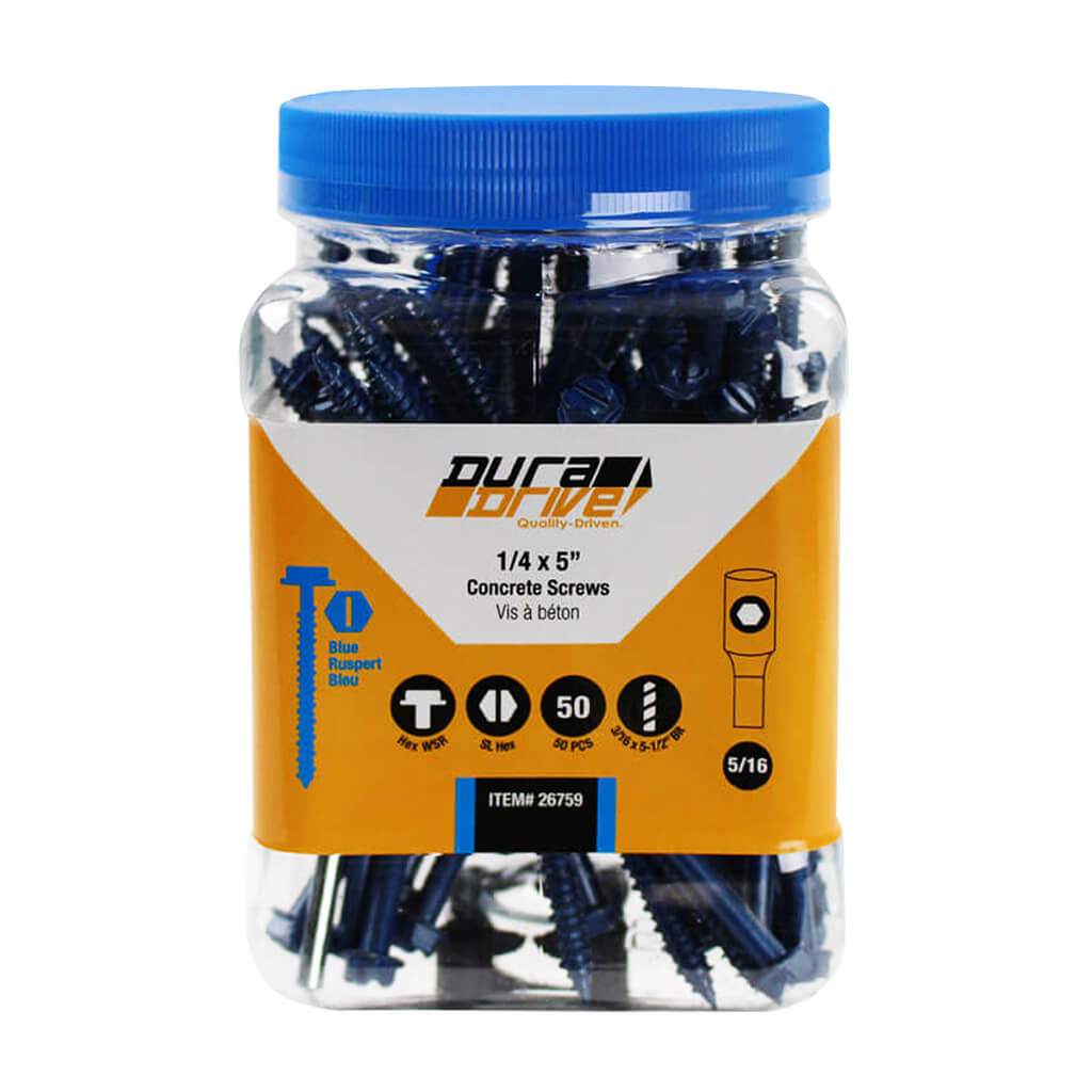 DuraDrive 1/4 in. x 5 in. Hex Head Slot Drive Concrete Screws (50-Pack)
