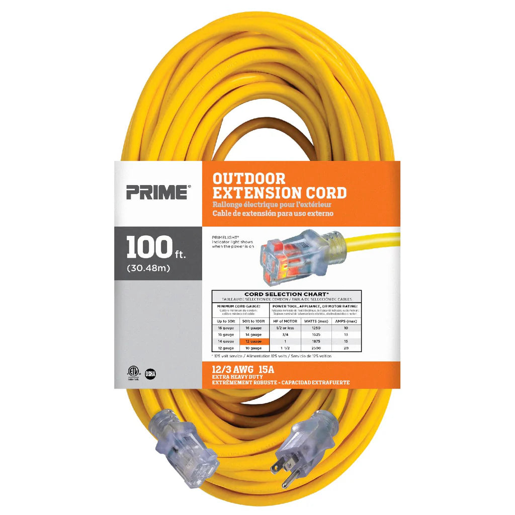 PRIME EC511835 100 ft. 12/3 SJTW Single Tap Extension Cord