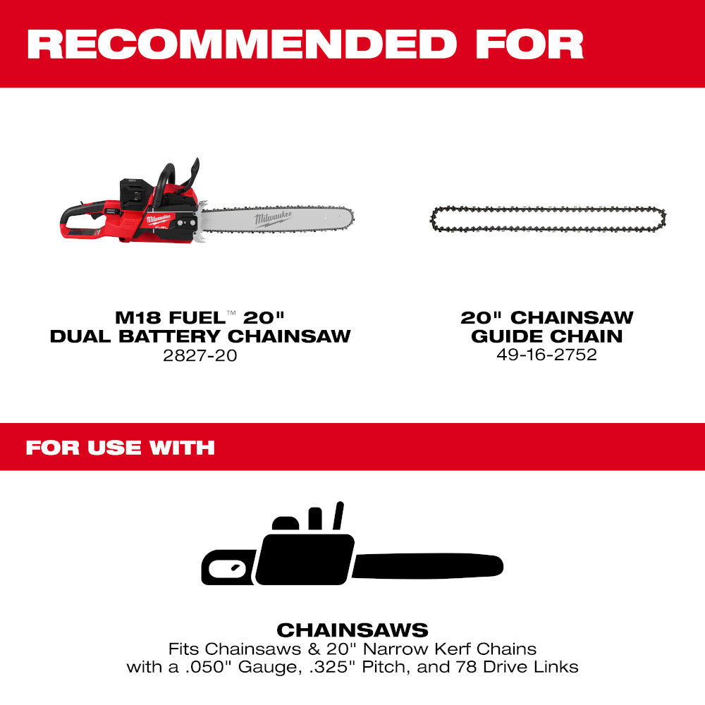 MILWAUKEE 49-16-2755 20 Inches .325 Inches Pitch, .050 Inches Gauge Guide Bar