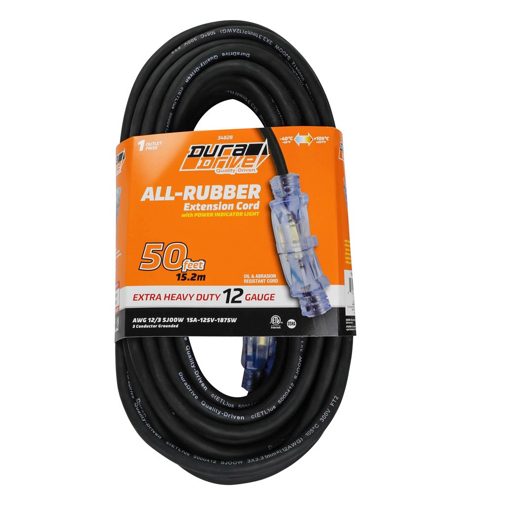 DuraDrive 50' 3 Conductors 12 AWG Extension Cord with Lighted Female Plug