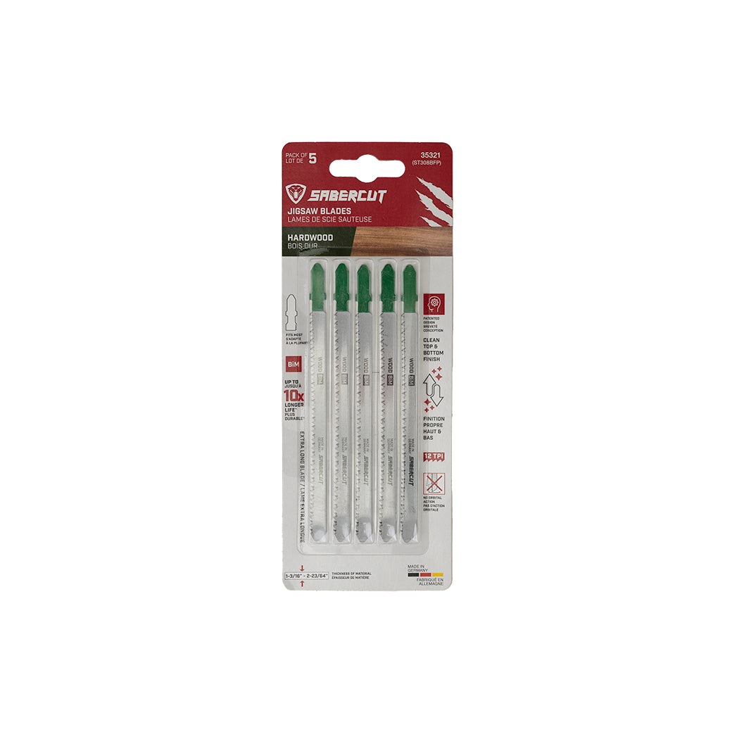 Sabercut 5 in. x 12TPI Bi-Metal T-Shank Jigsaw Blade for Ultra-Clean Top & Bottom Cuts on Wood (5-Pack)