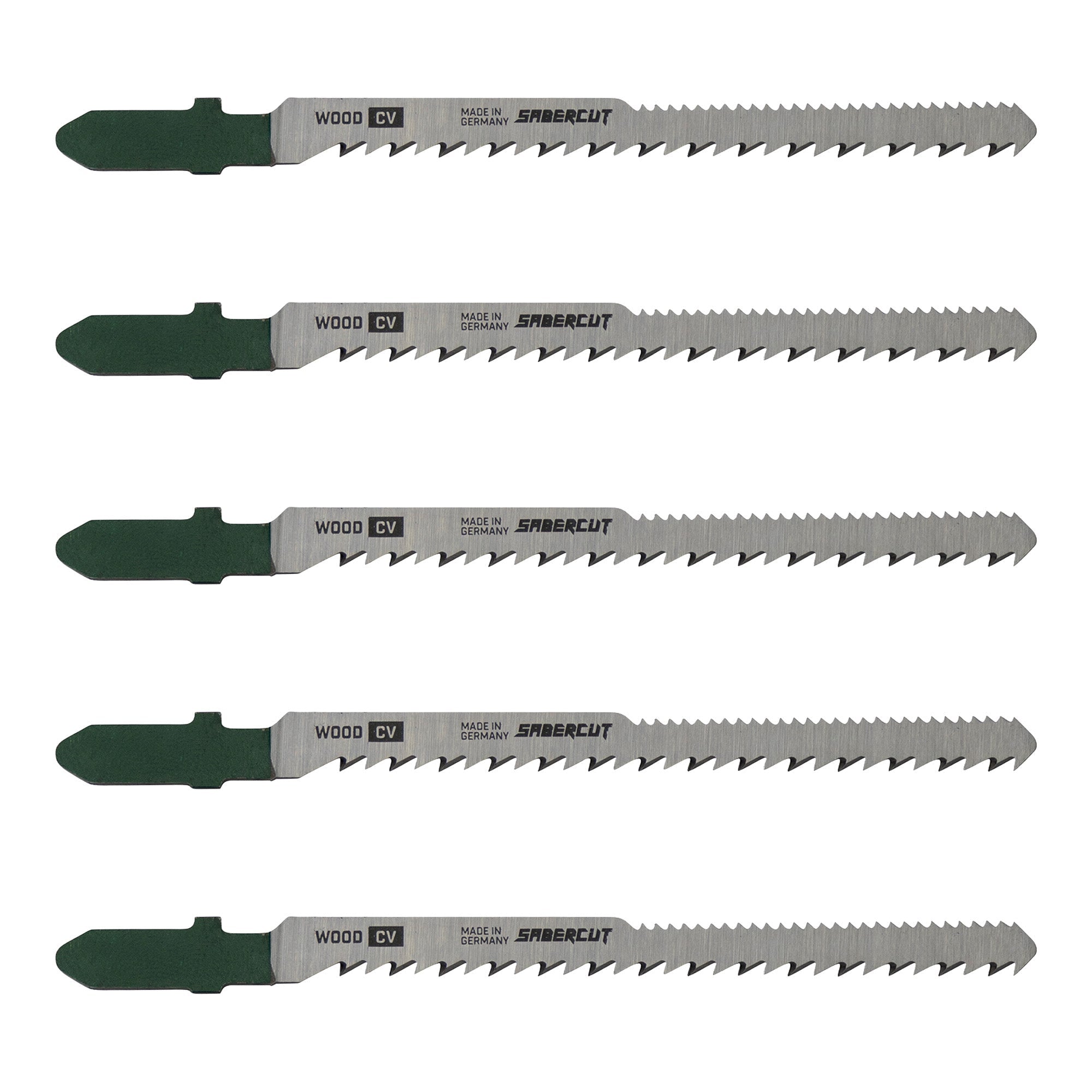 Set of five Jigsaw Blades with green handles on a white background