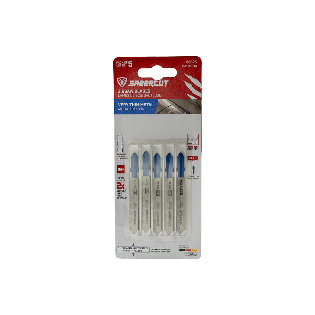 Sabercut 3 in. x 28TPI T-Shank Bi-Metal Jigsaw Blades for Very Thin Metals (5-Pack)