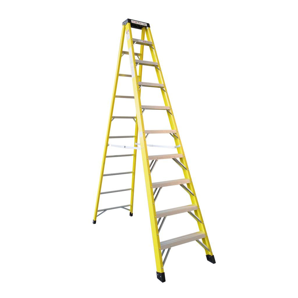 A yellow fiberglass step ladder with anti-slip feet, labeled with a 10 ft height and 300 lb load capacity.