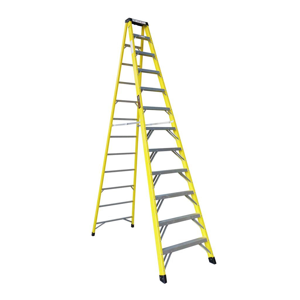 A yellow and gray fiberglass step ladder with anti-slip feet, 12 feet tall, with 11 steps.