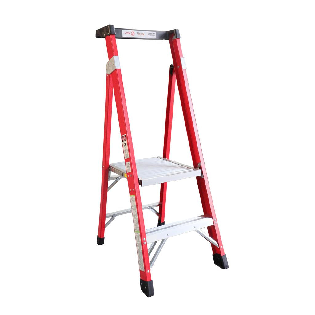 A red and silver DuraDrive fiberglass step platform ladder with two steps and a large standing platform.