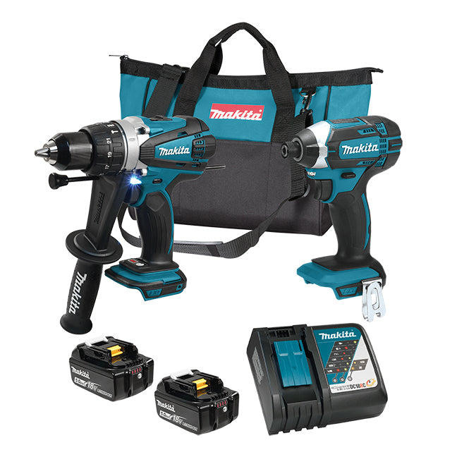 Makita cordless tool combo kit including a hammer drill, an impact driver, two batteries, a charger, and a tool bag.
