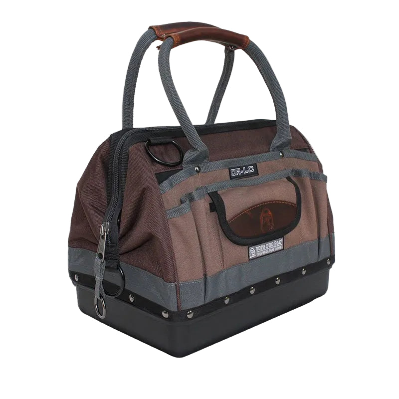 A Veto Pro Pac DR-LC Tool Bag with brown and black colors, featuring multiple pockets, zippers, and steel D-rings.