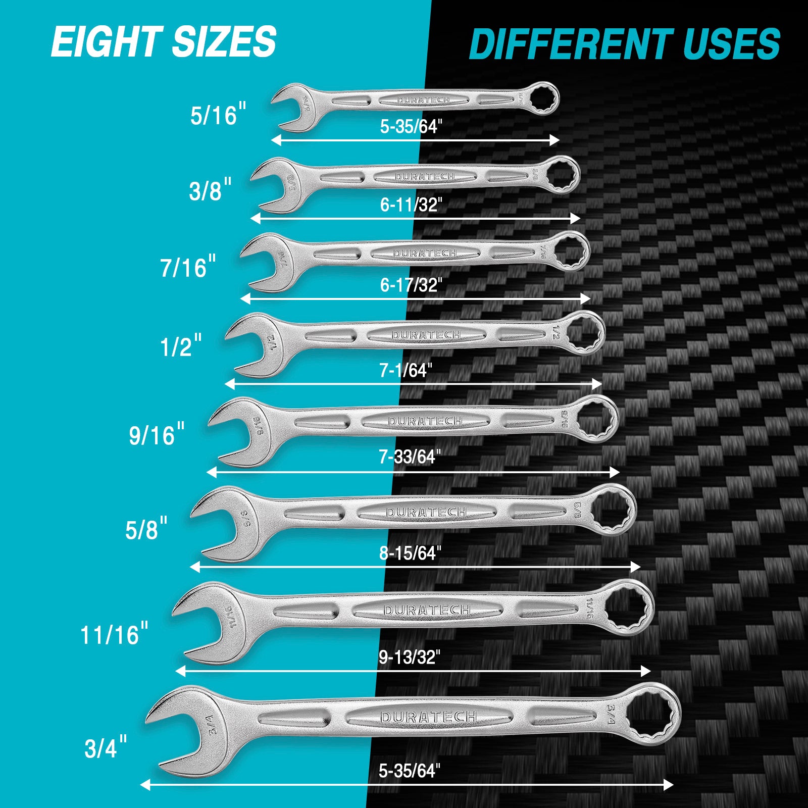 DURATECH COMBINATION WRENCH IMPERIAL CRV SET (5/16, 3/8, 7/16, 1/2, 9/16, 5/8, 11/16, 3/4) 8PC