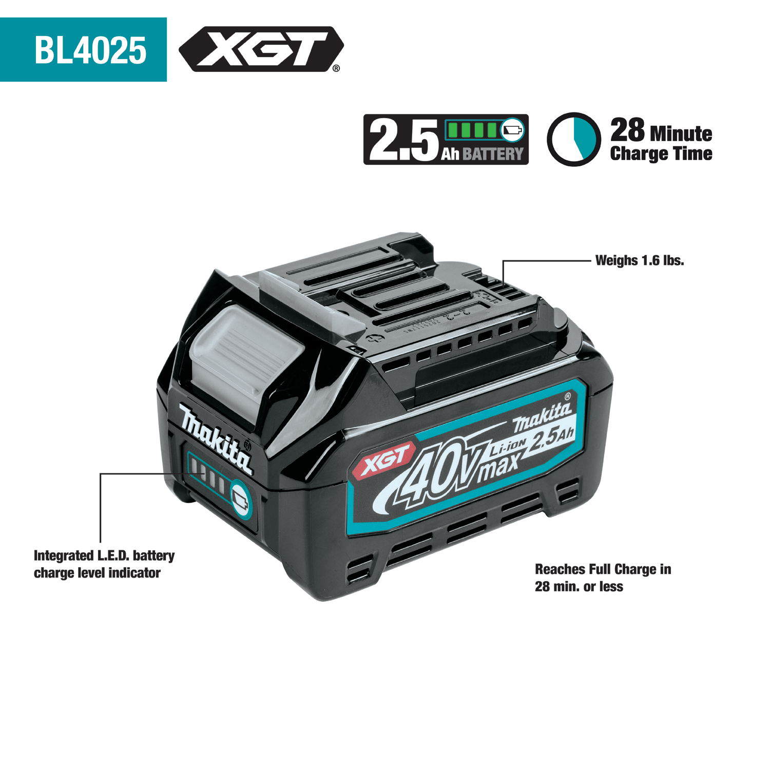 Makita BL4025 Lithium-Ion 40 V 2.5 Ah Battery with Level Indicator