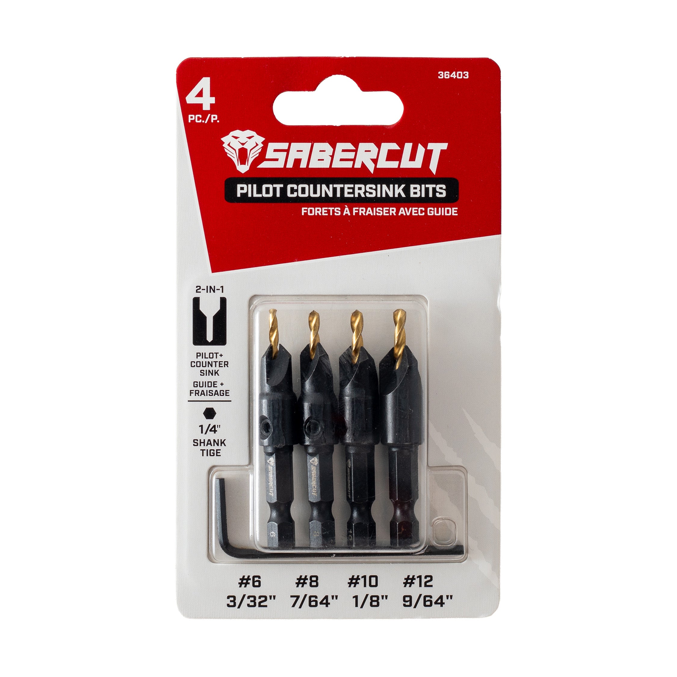 Sabercut Countersink Drill Bit Set (#6,#8,#10,#12, Key)
