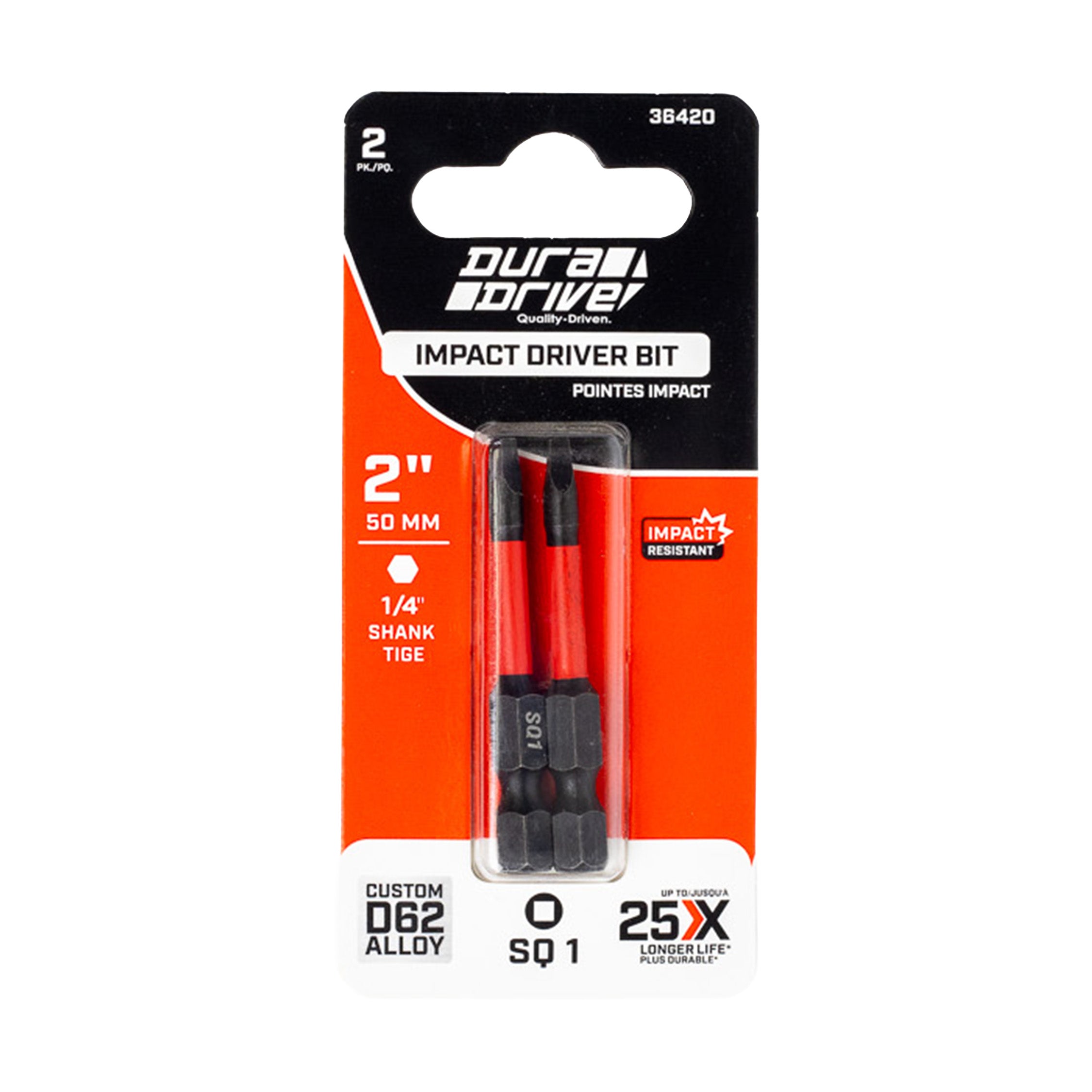 DuraDrive 2.0 SQ1 x 2" Impact Driver Bit (2-Pack)