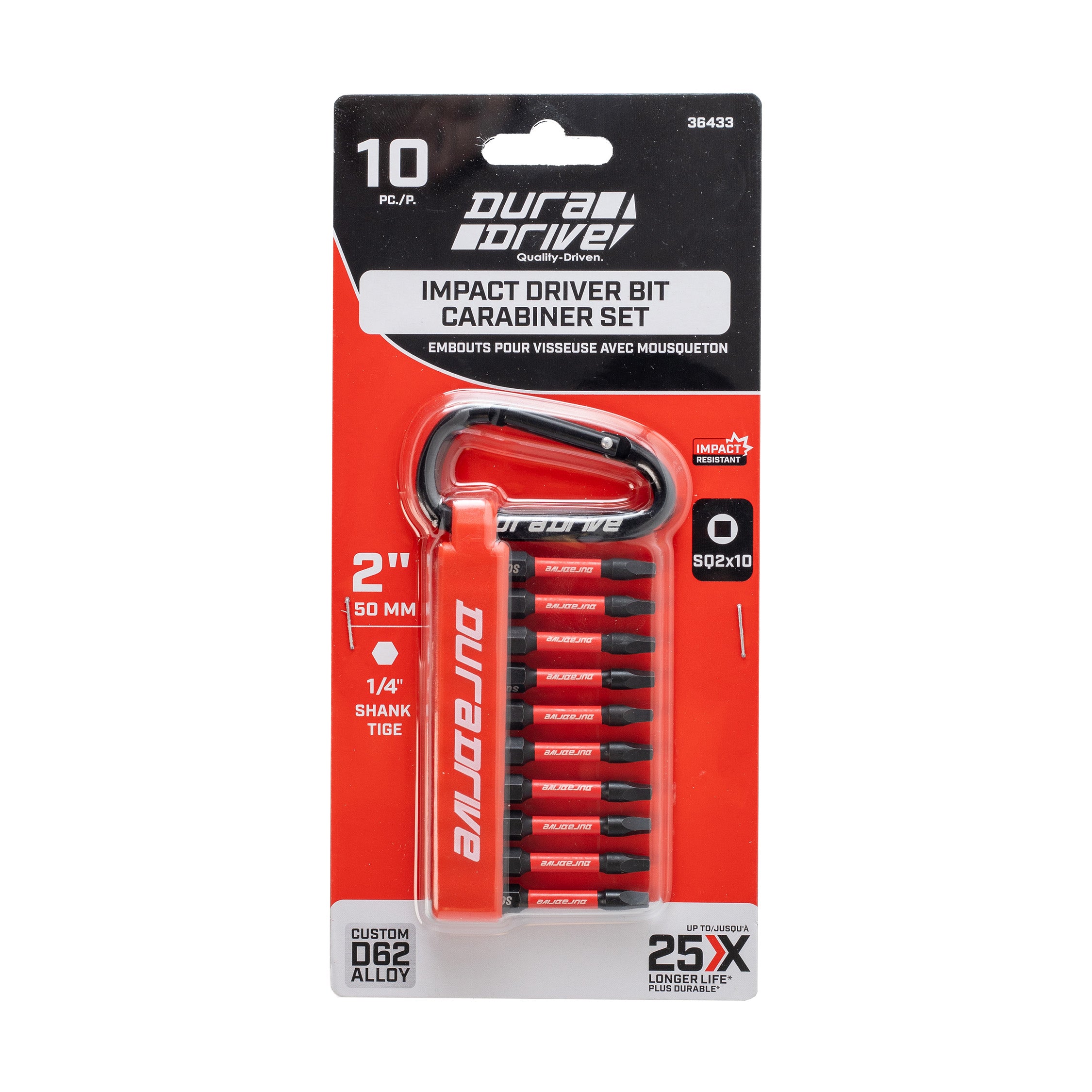 DuraDrive 2" SQ2 Carabiner Impact Driver Bit Set (10-Pieces)