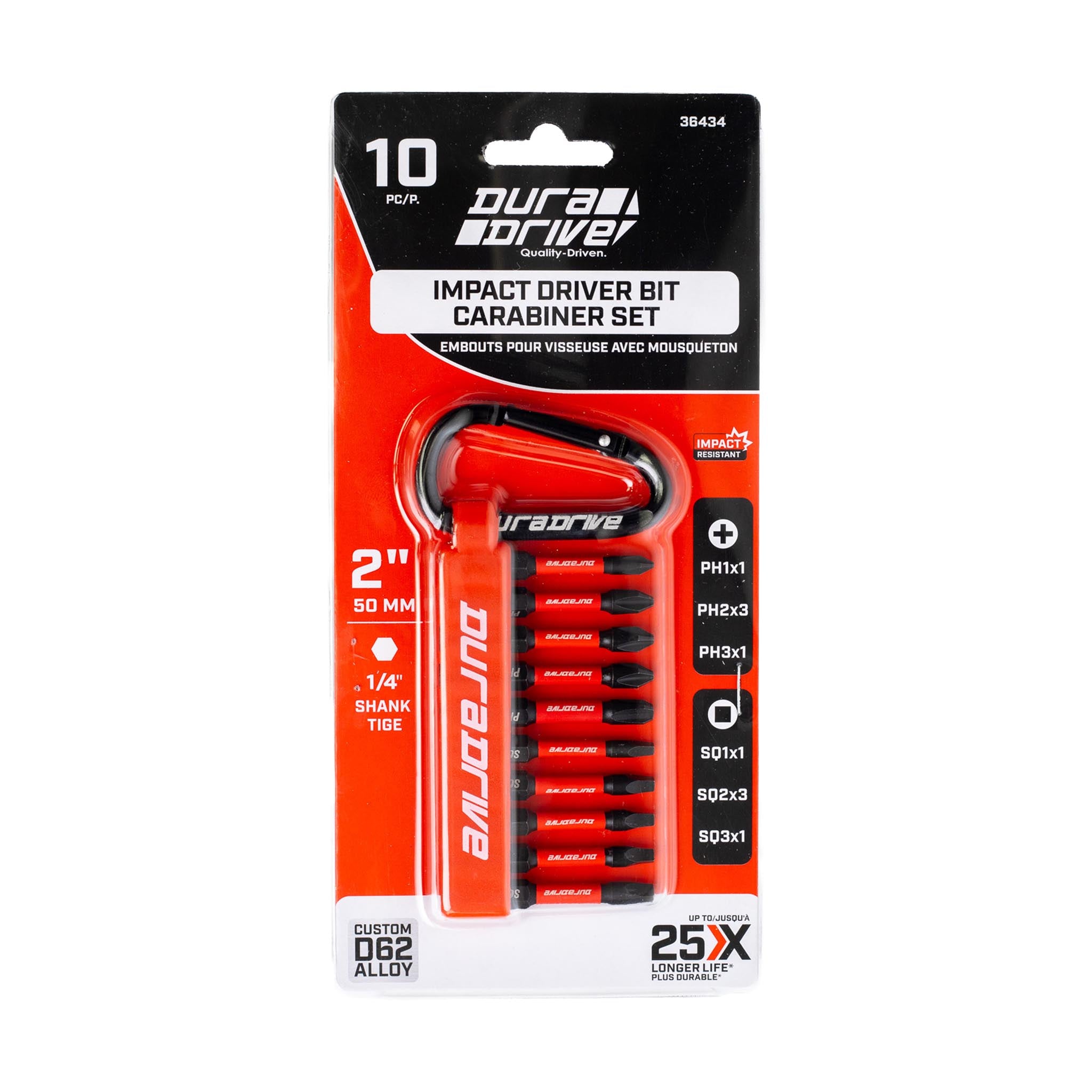 DuraDrive 2" PH1,2,3 & SQ1,2,3 Carabiner Impact Driver Bit Set (10-Pieces)