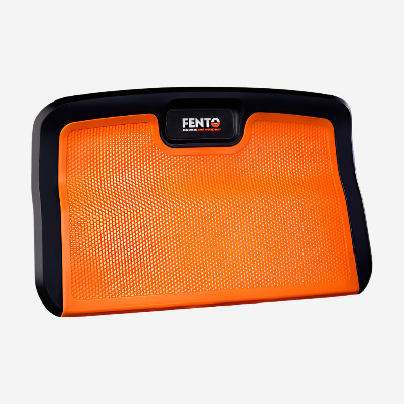 An orange knee board with a black border and a magnetic tool tray, featuring the FENTO brand logo.