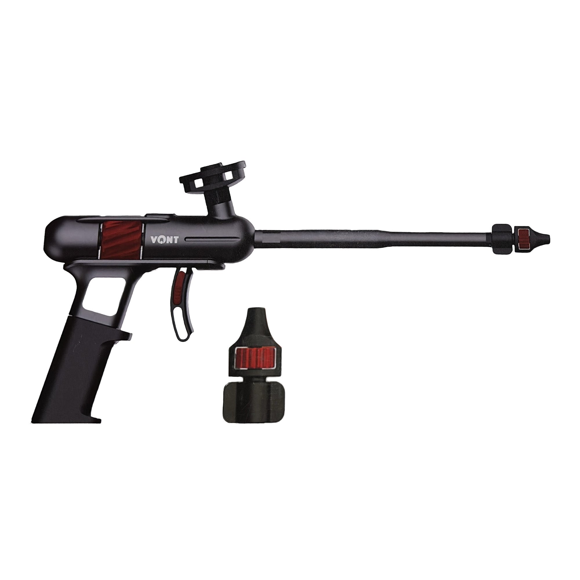 black and red dual purpose spray foam gun with adjustable tip and extra tip