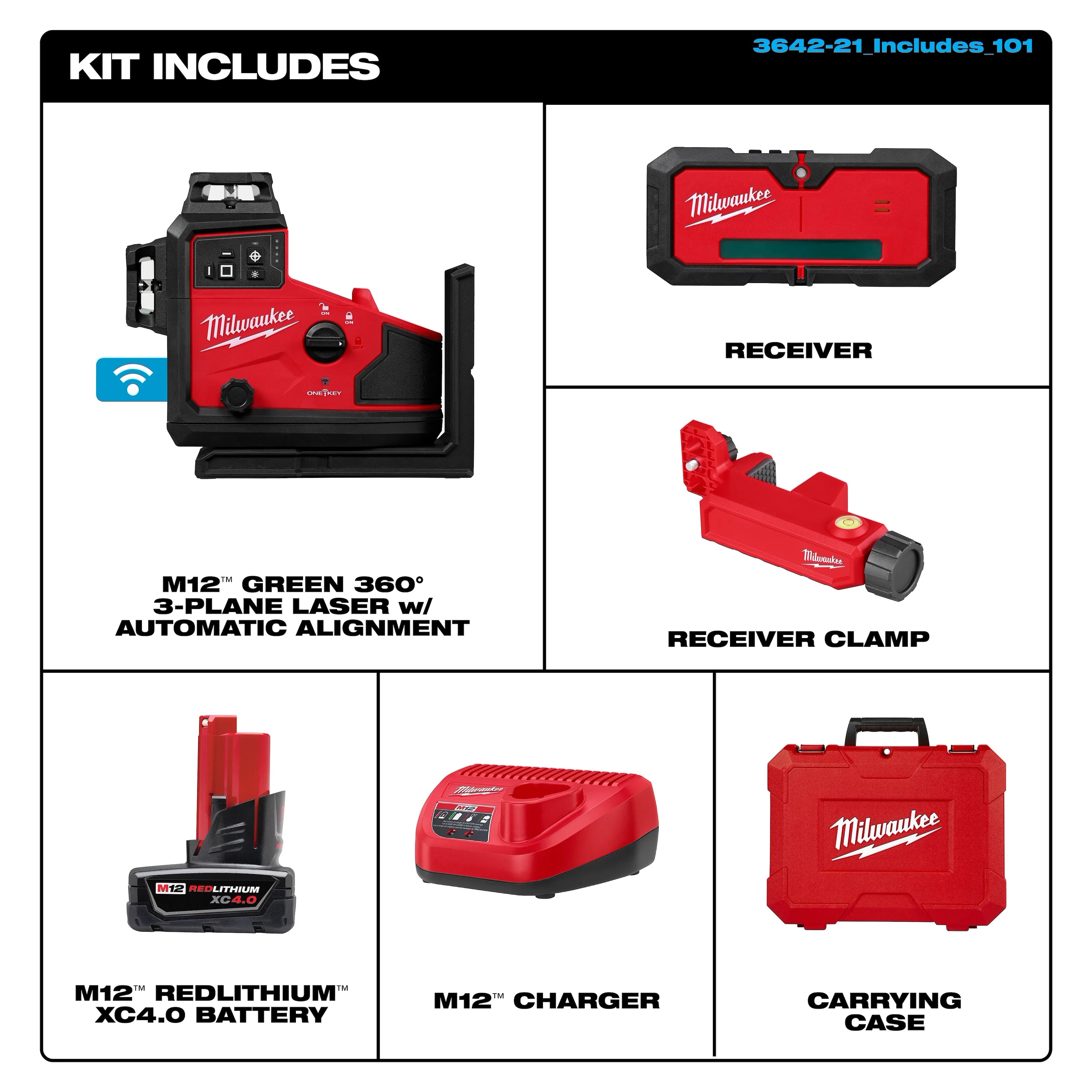 Milwaukee 3642-21 M12 360X3 Green Line Laser Kit, Auto-Align