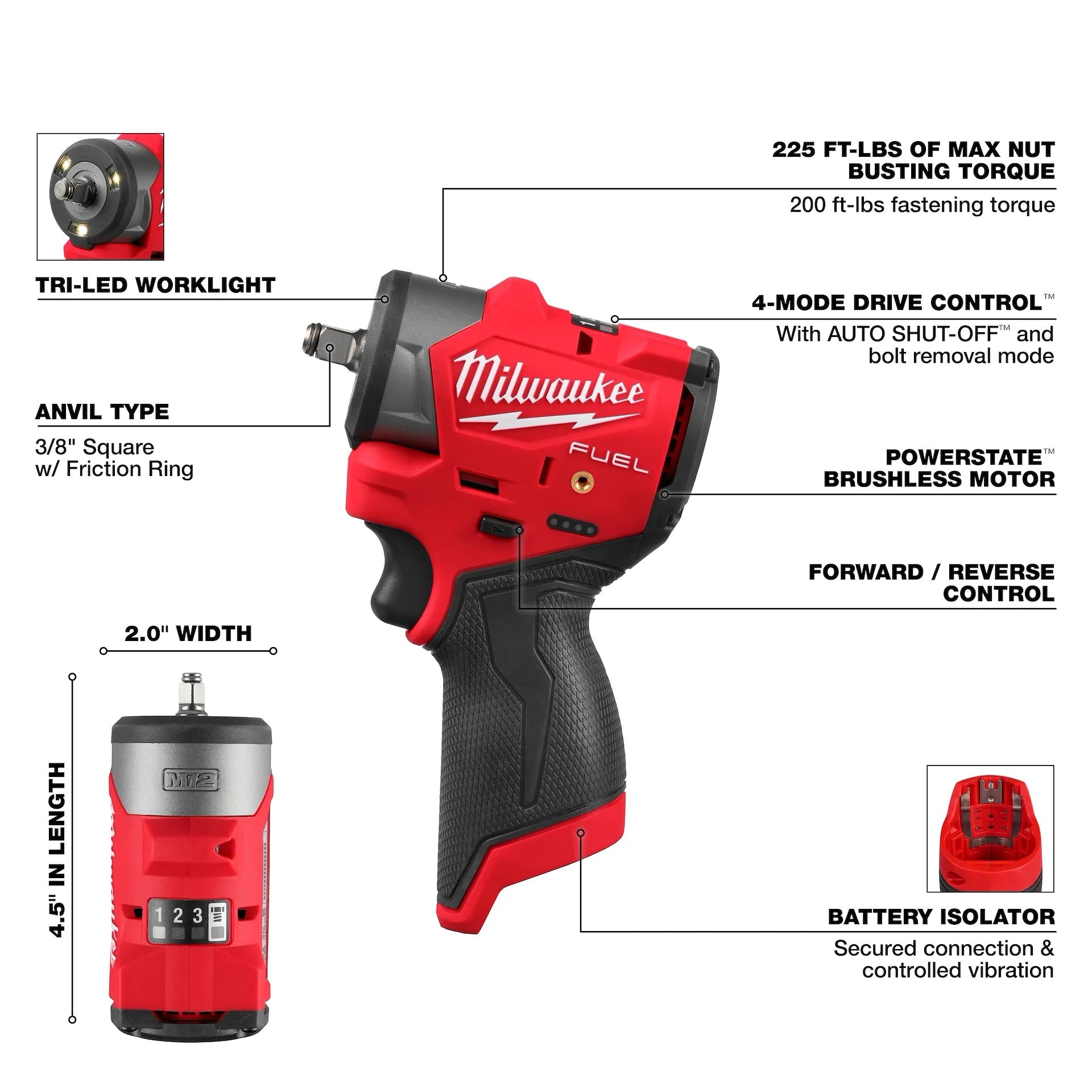 Milwaukee 3049-20 M12 FUEL 3/8in Sub-Compact Impact Wrench with Friction Ring (Tool Only)