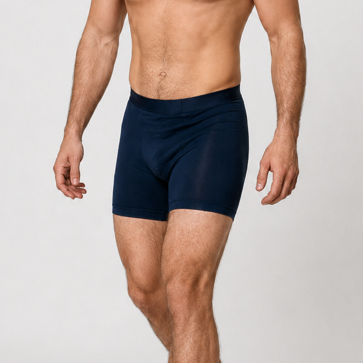 A shirtless man wearing dark navy blue boxer briefs, standing against a light gray studio background.