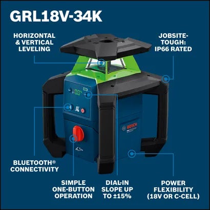 BOSCH GRL18V-34K 18V Green Dual Slope Rotary Laser Kit 4.0Ah, 1500 ft.