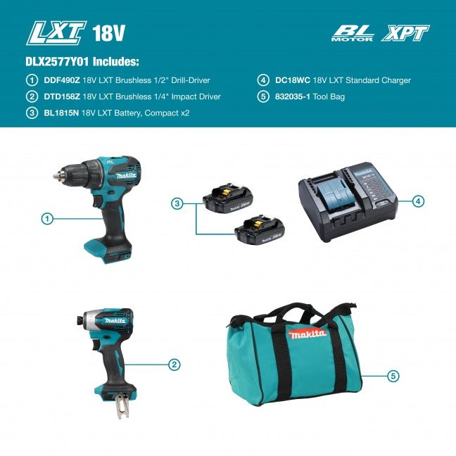 Makita Promo DLX2577Y01 Hammerdrill/Impact Combo Kit 1.5Ah