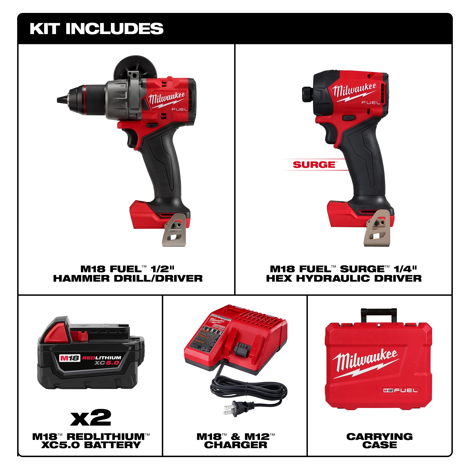 Milwaukee 3799-22 M18 Fuel 2 Tool Combo Kit 5.0Ah (Hammer/Surge)