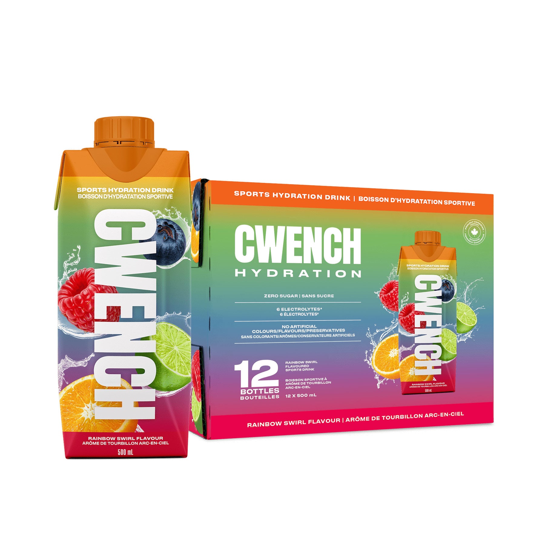 Cwench Rainbow Swirl Electrolyte Sports Drink, 500 mL Cans (12-Pack)