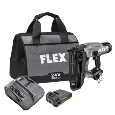 FLEX 24V cordless 16GA straight finish nailer kit with a nailer, battery, fast charger, belt clip, no-mar tips, and a soft carrying bag.