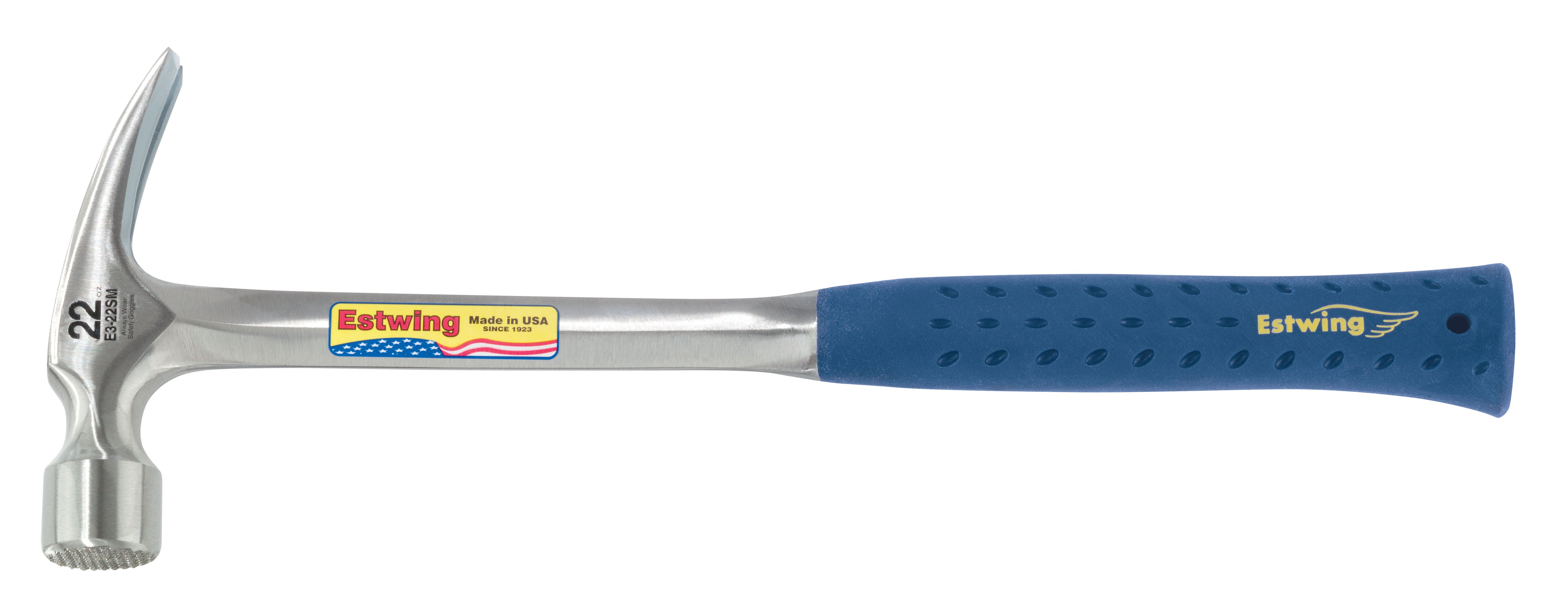 Estwing E3-22SM 22 oz. x 16 in. Milled Checkered Face BLUE SHOCK REDUCTION GRIP Solid Steel Straight Claw Framing Hammer