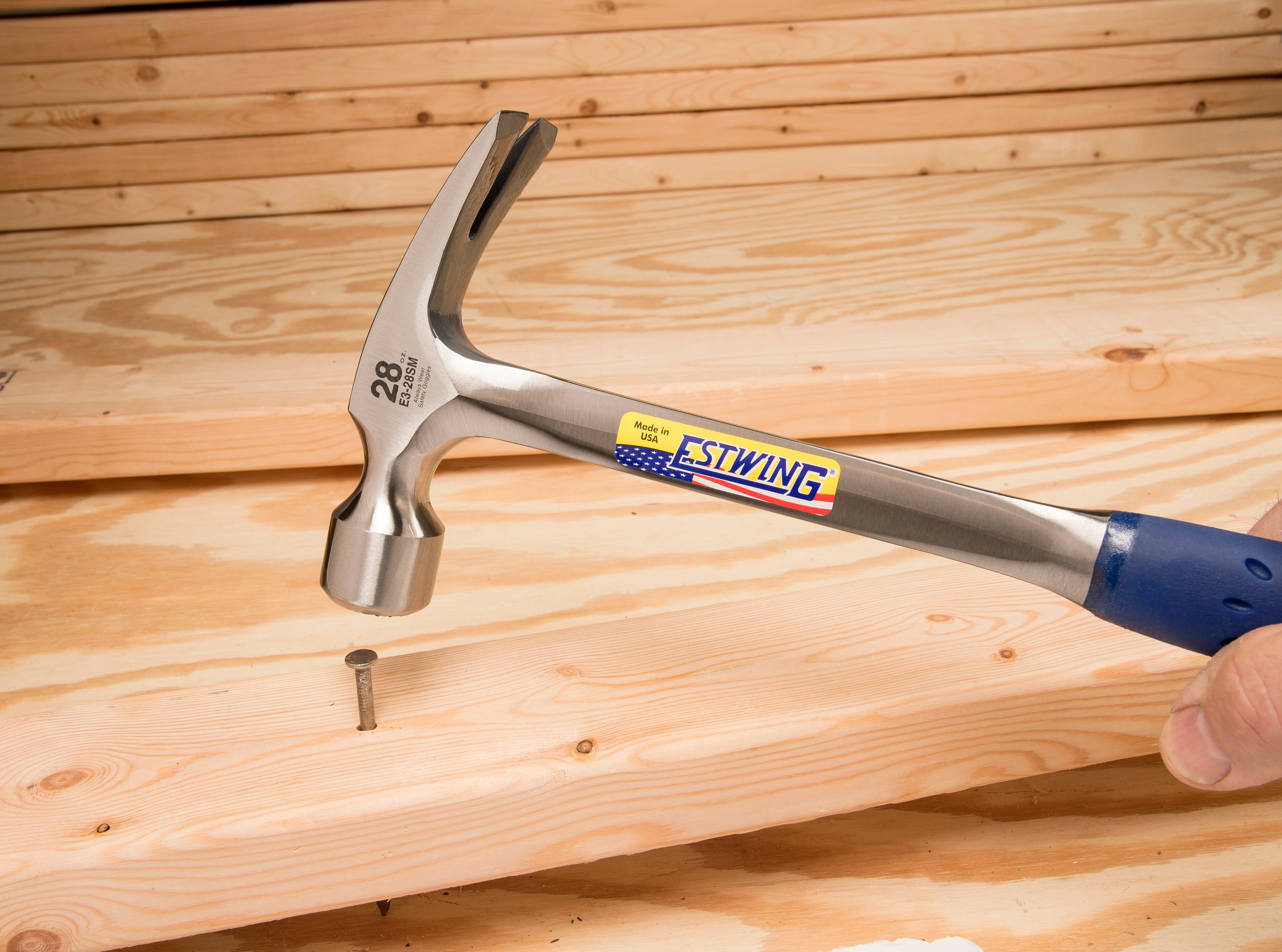 Estwing E3-28SM 28 oz. x 16 in. Milled Checkered Face BLUE SHOCK REDUCTION GRIP Solid Steel Straight Claw Framing Hammer