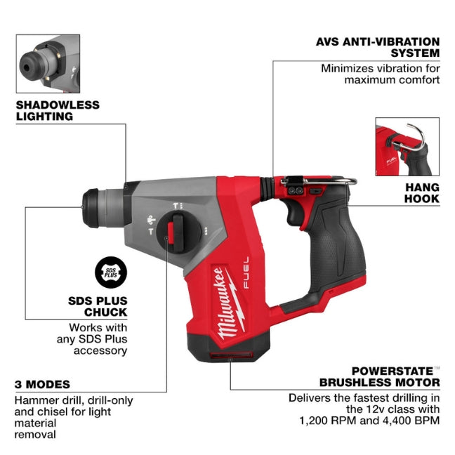 Milwaukee 2508-20 M12 FUELโข 5/8โ SDS Plus Rotary Hammer (Tool Only)