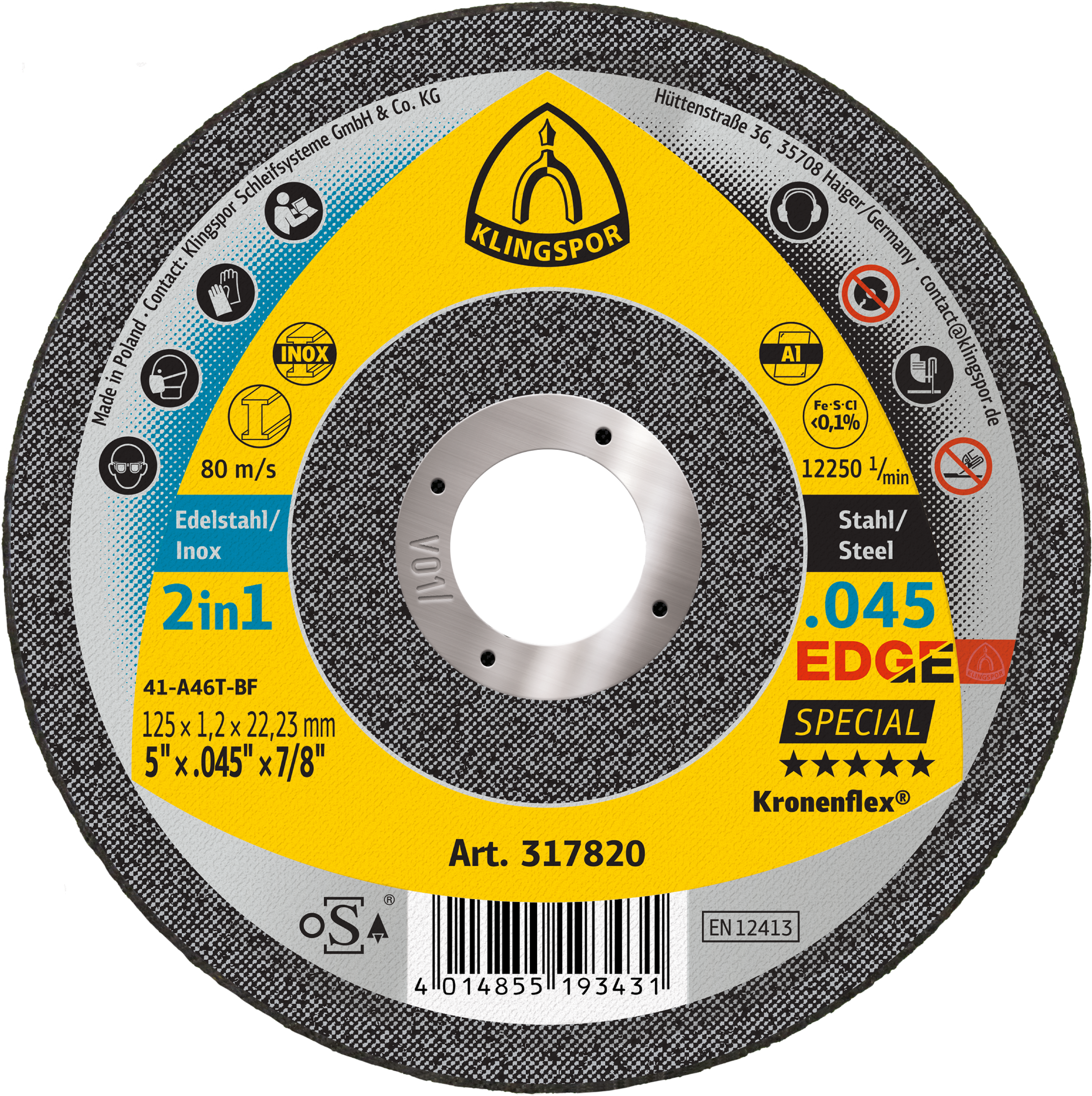 Klingspor Edge 317820 5 in. x 0.045 in. x 7/8 in. Flat Cut Off Wheel