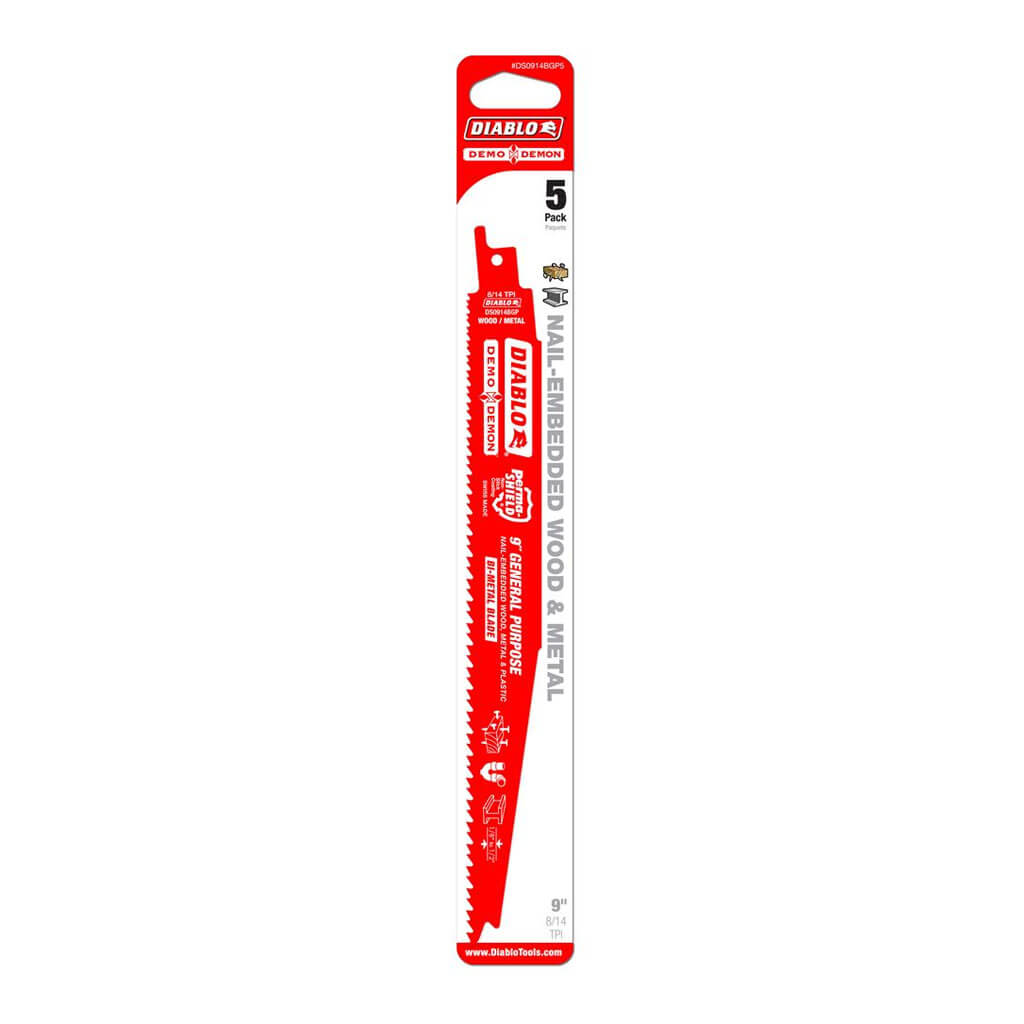 Freud Diablo DS0914BGP5 9 in. 8/14-TPI Bi-Metal-Tipped General Purpose Reciprocating Saw Blade (5-Pack)
