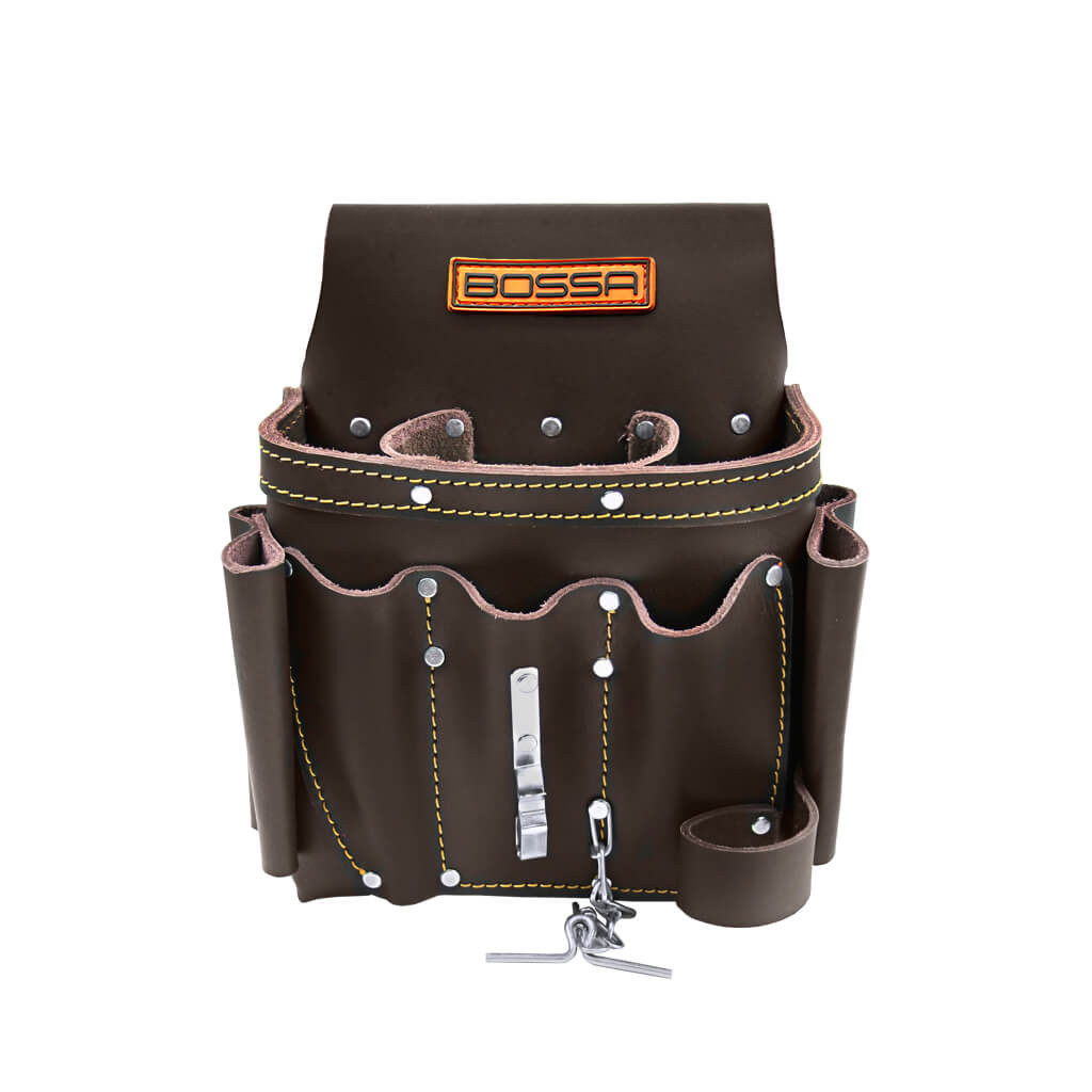 Bossa 10-Pocket Black Top Grain Leather Electricians Tool Pouch