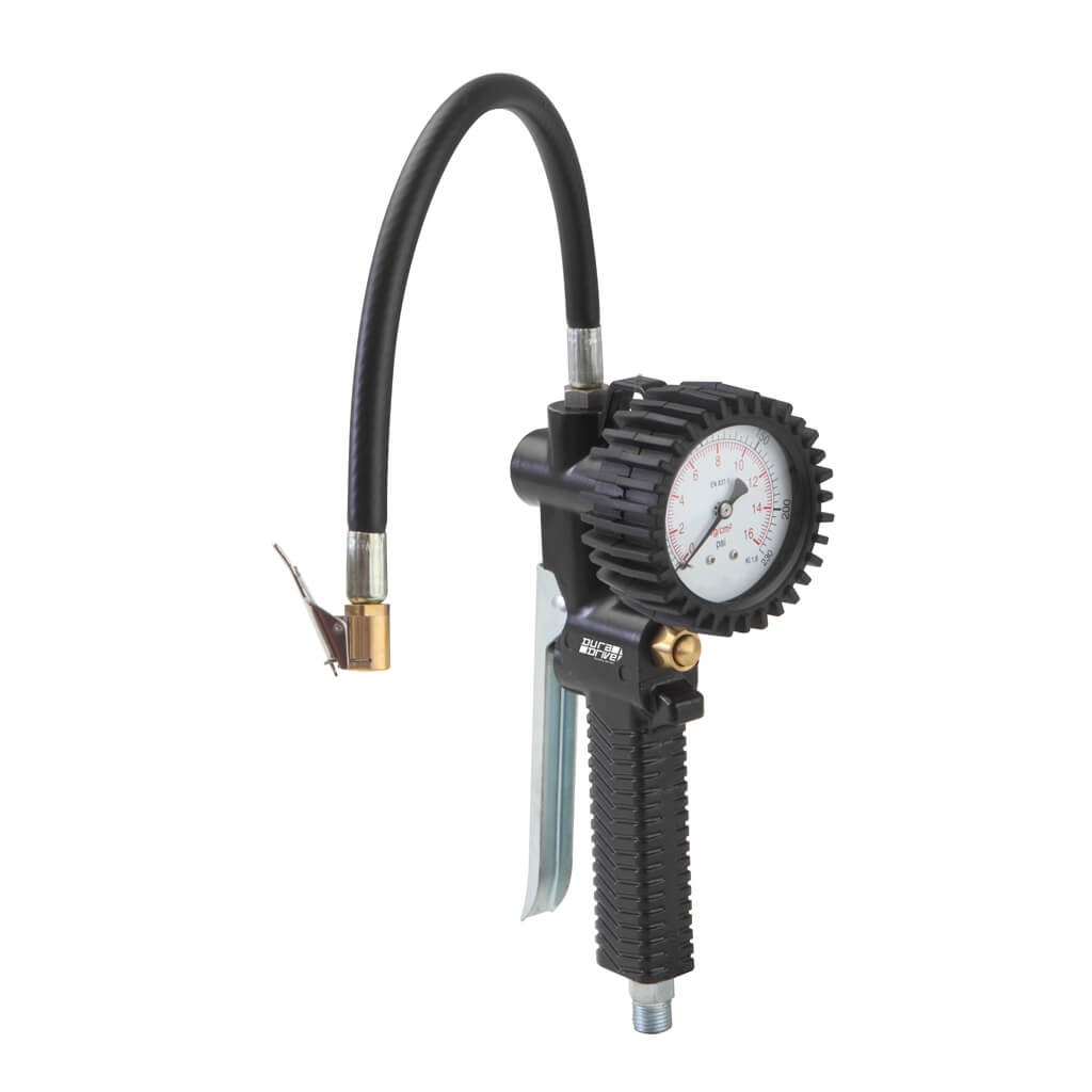 DuraDrive Mechanical Tire Inflator Gauge Air Hose Fitting for Cars with 12 in. Flexible Hose and Str