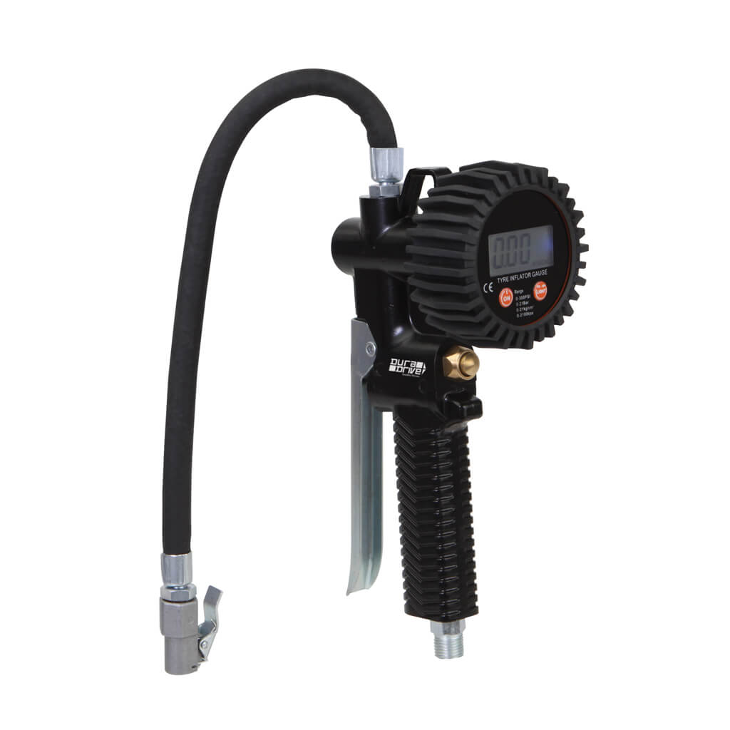 DuraDrive Digital Tire Inflator Gauge Air Hose Fitting for Cars with 12 in. Flexible Hose & Straight