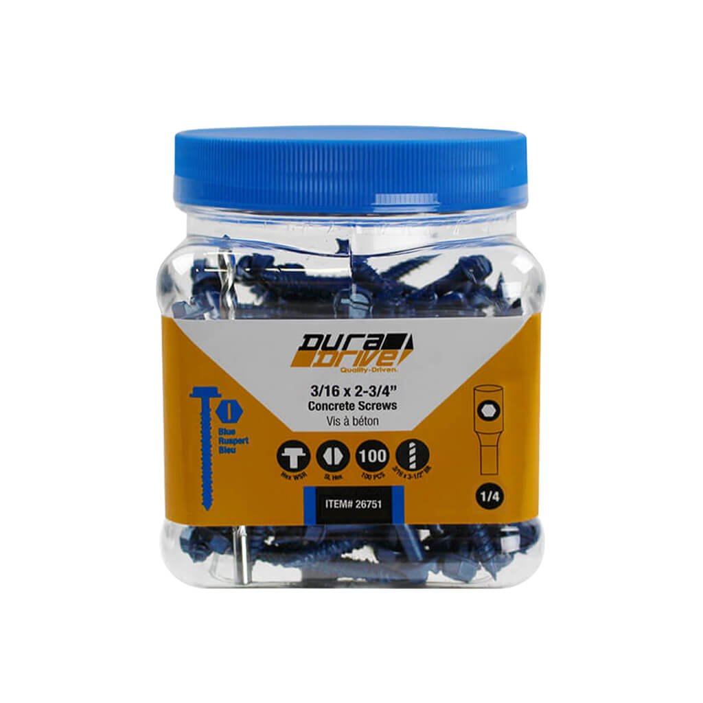 DuraDrive 3/16 in. x 2-3/4 in. Hex Head Slot Drive Concrete Screws (100-Pack)