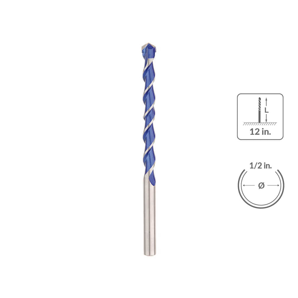 A SABERCUT 4-cutter multi-material drill bit with a blue tip, 1/2 inch in width and 12 inches in length, designed for fast penetration and precise drilling through various materials.