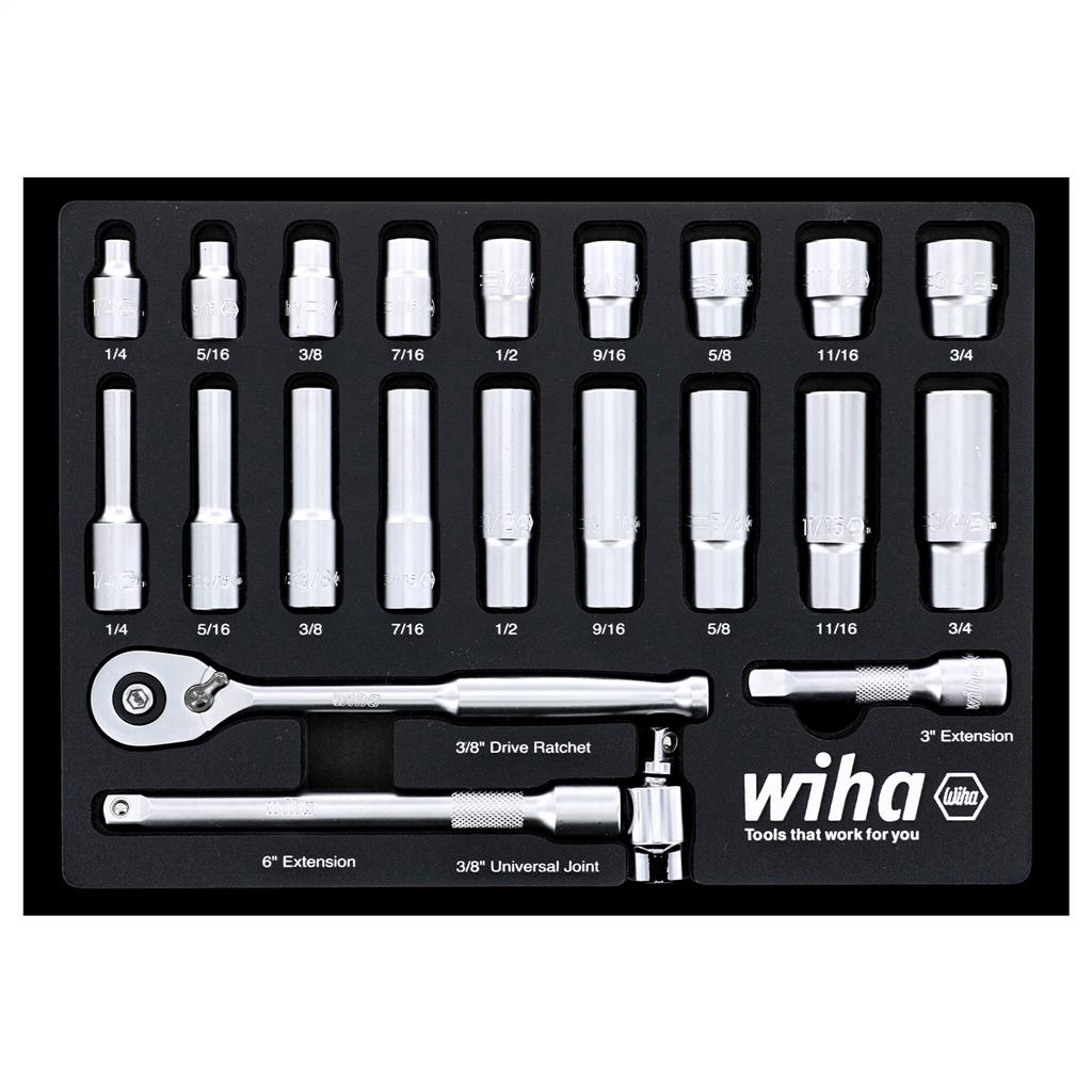 Wiha 33796 SAE 3/8 in. Drive Professional Standard and Deep Socket Set (22-Piece)