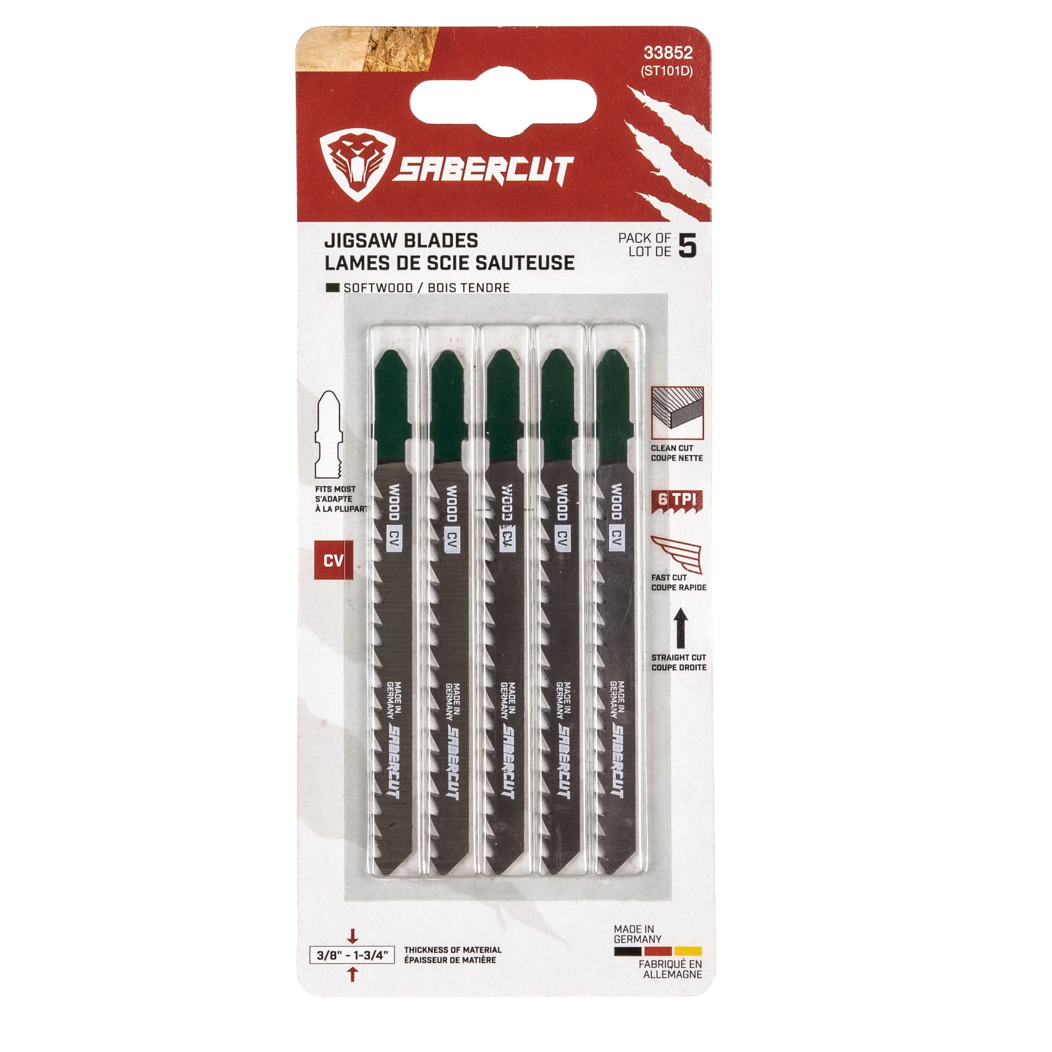 Sabercut 4 in. x 6TPI T-Shank Jigsaw Blade for Clean Cuts on Wood (5-Pack)