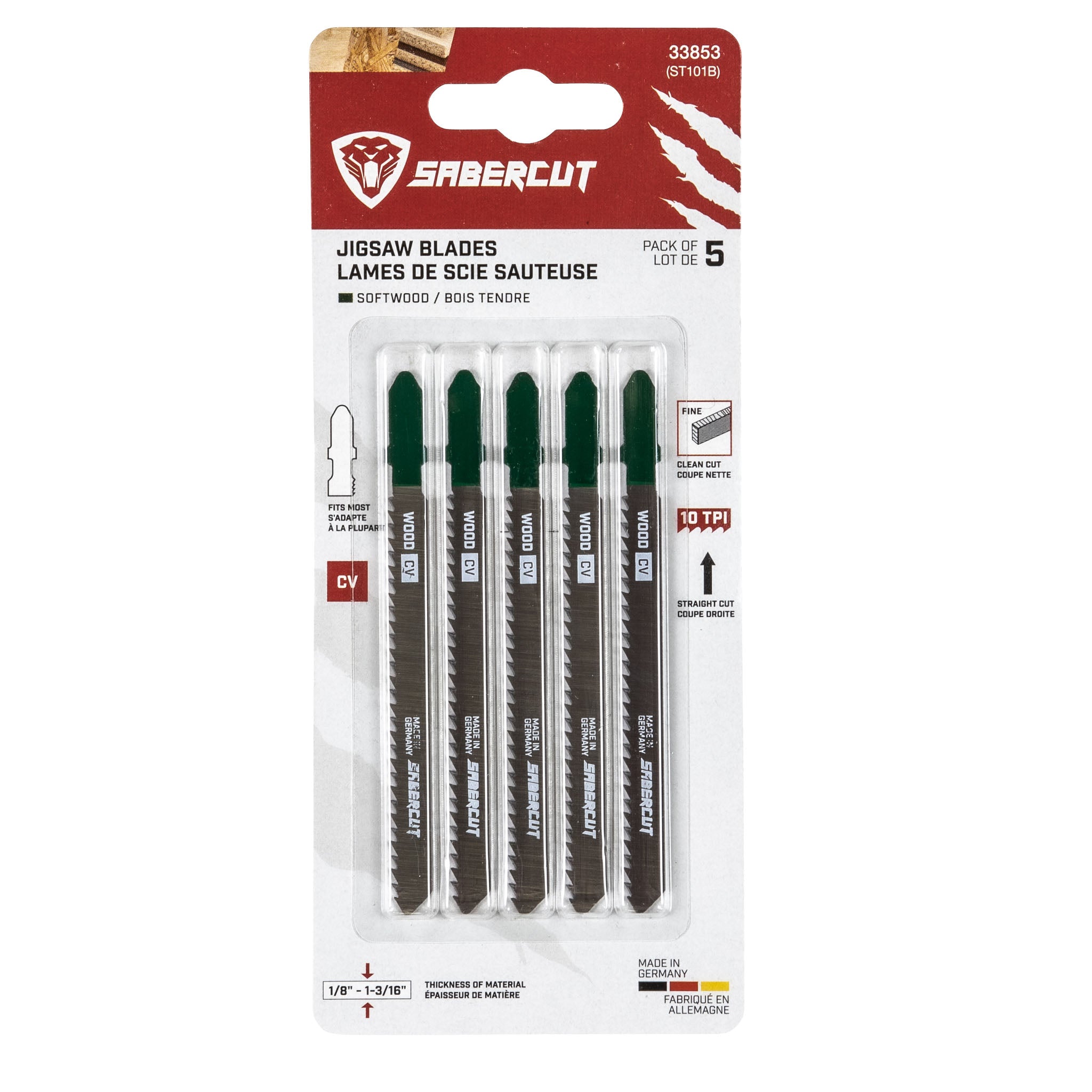 Sabercut 4 in. x 10TPI T-Shank Jigsaw Blade For Clean Cuts on Wood (5-Pack)