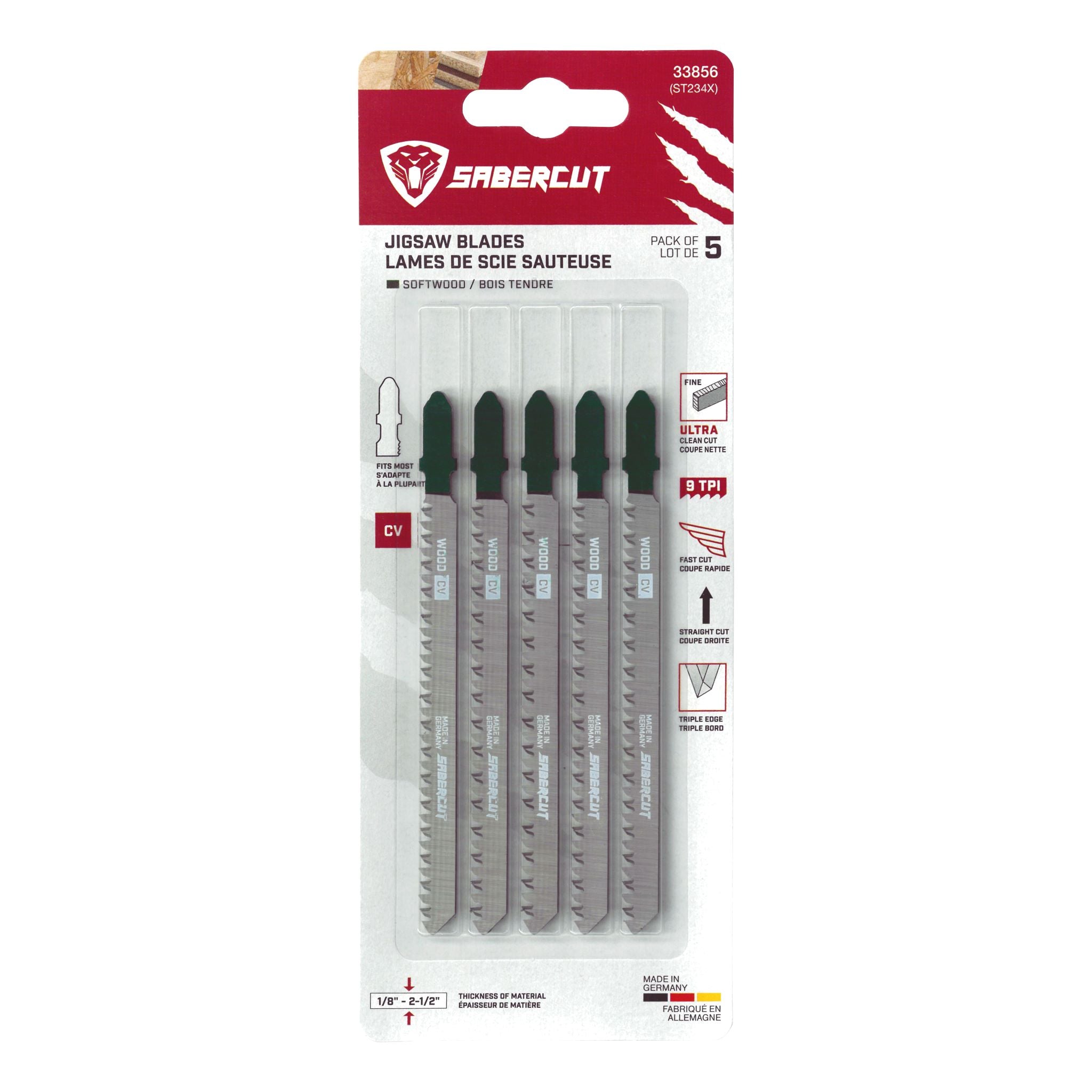 Sabercut 4-1/2 in. x 9TPI T-Shank Jigsaw Blade For Ultra-Fine Finish on Wood (5-Pack)