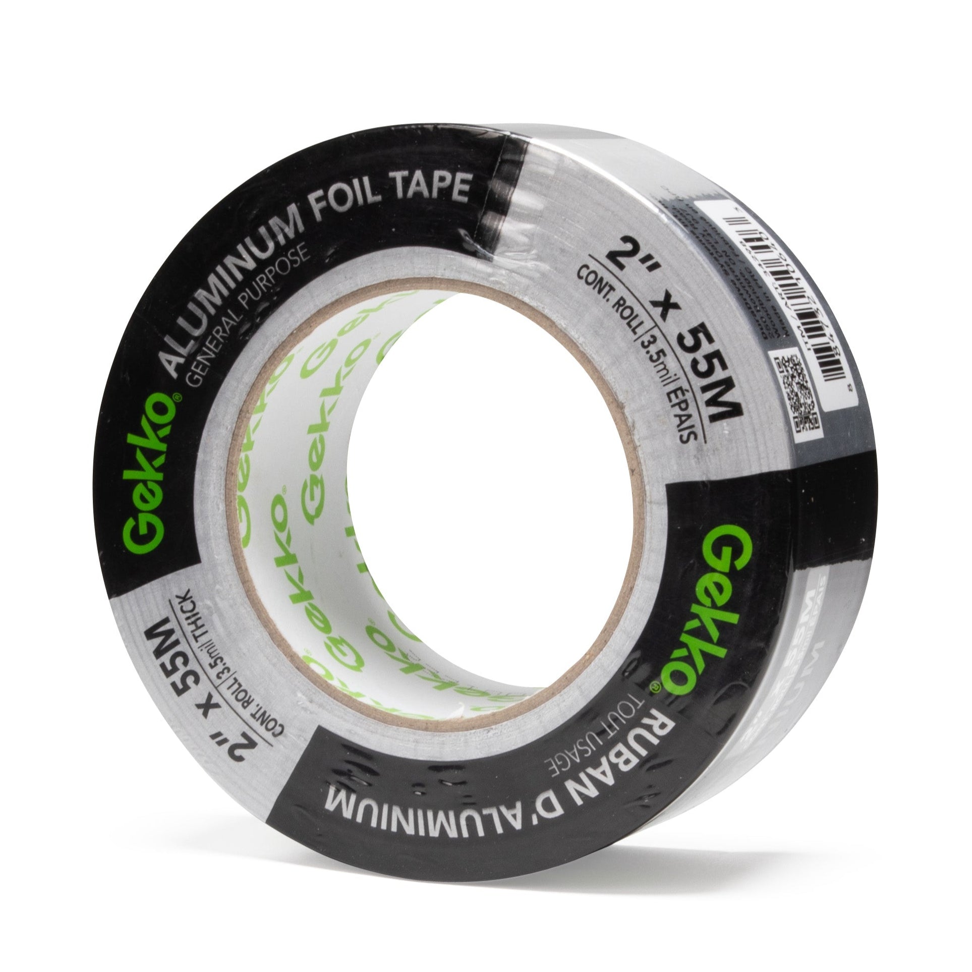 A roll of Gekko brand silver aluminum foil tape for HVAC ducts with product details visible on the label.