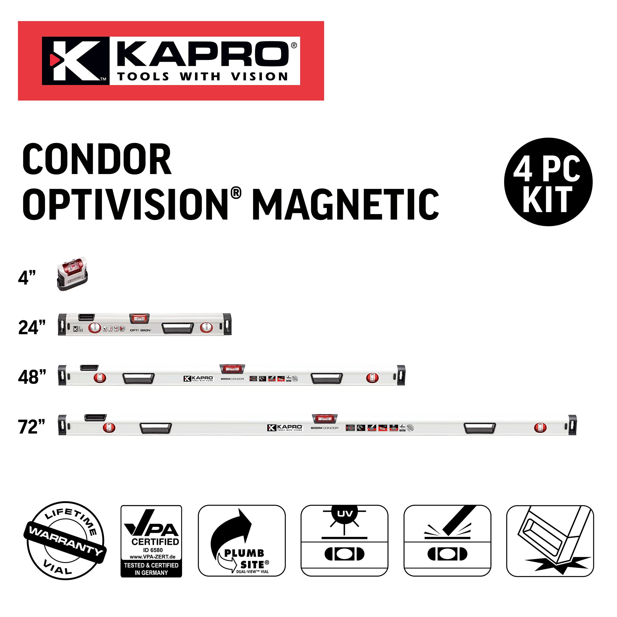 Kapro Optivision Box Level Set (4-Pieces) 4 in. / 24 in. / 48 in. / 72 in.