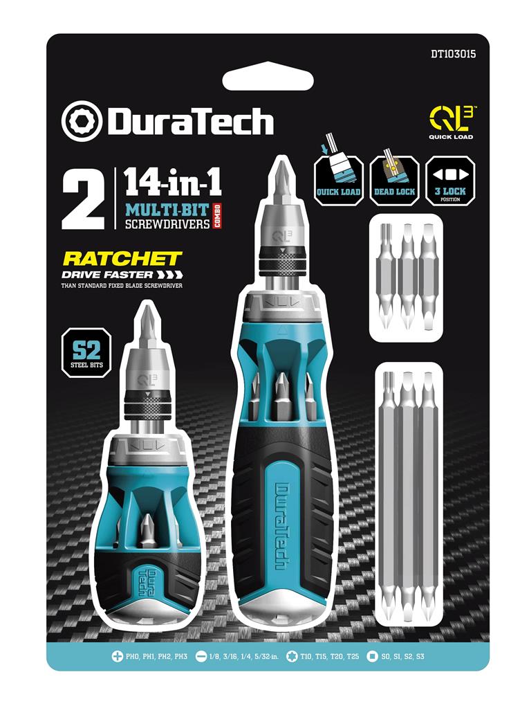DuraTech 2 pack 14 in 1 Ratcheting Multi-Bit Stubby + Regular QuickLoad Screwdriver Set