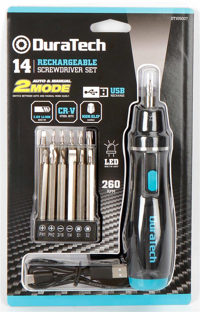 DuraTech 14pc 3.6v Li-ion Rechargeable Screwdriver Set