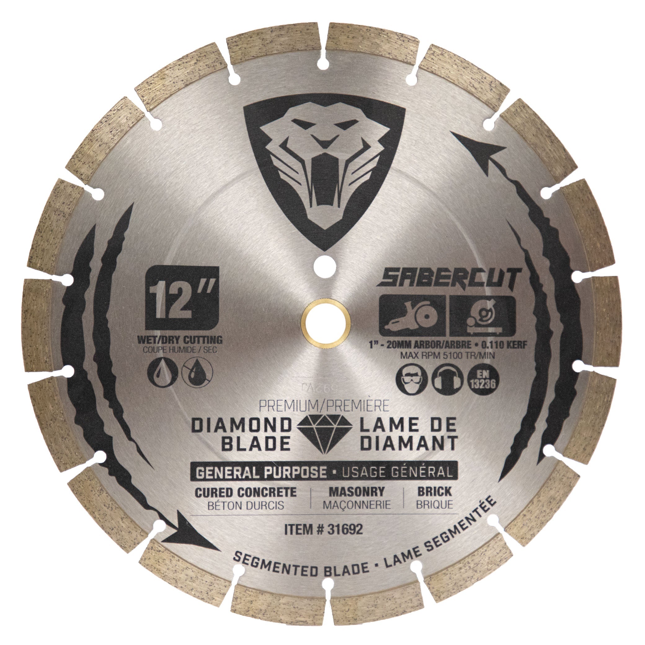 SABERCUT 12-In x 1-In-20mm Segmented Diamond Blade for Concrete, Brick & Masonry
