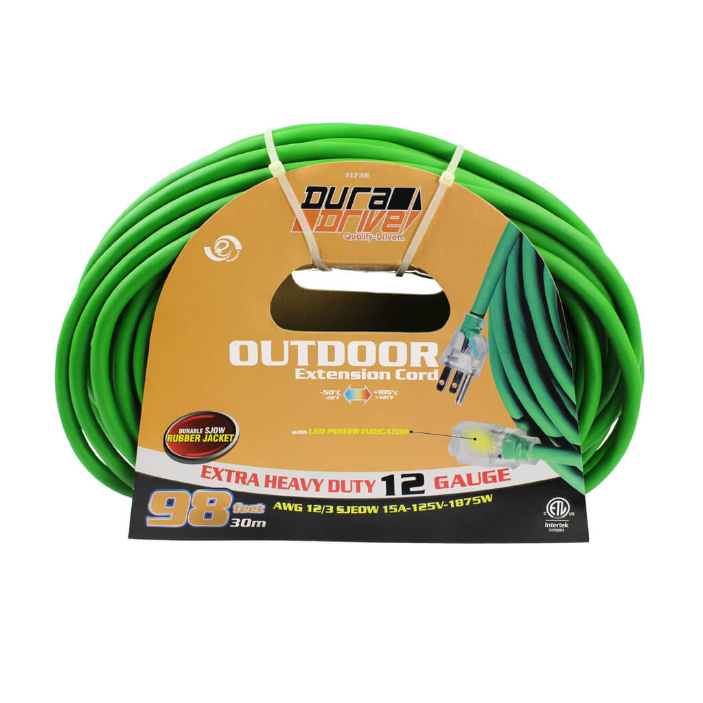 DuraDrive 98 ft. 12/3 SJEOW Single Tap Lighted Connector End 12-Gauge Outdoor Extension Cord